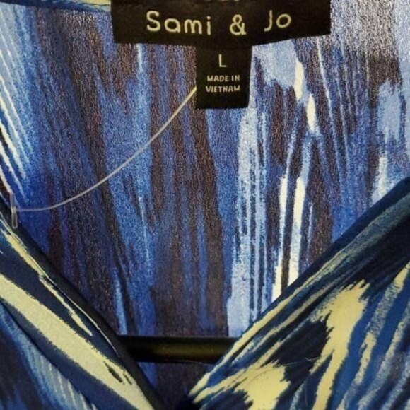 Sami & Jo V-neck Blue Design Sleeveless Sz. L Blouse Tunic - Picture 3 of 7